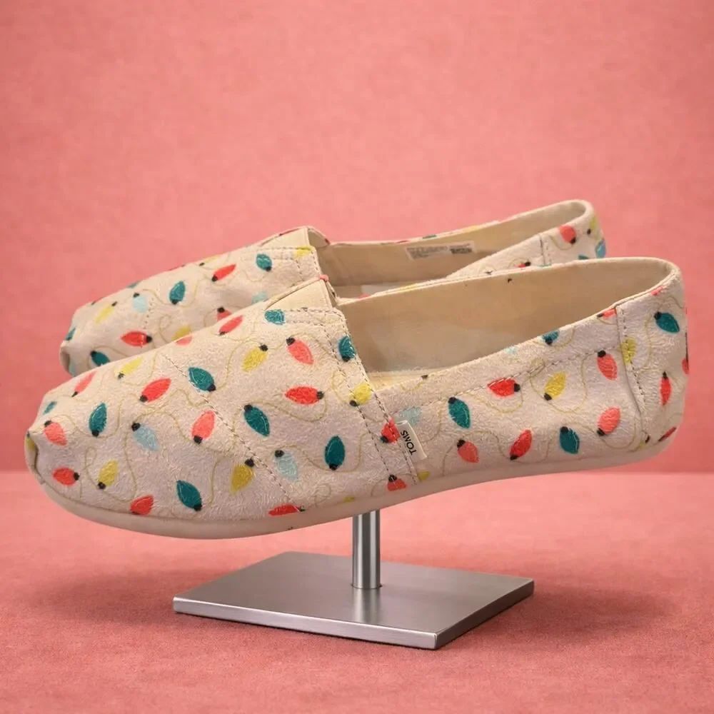 Toms Women’s Belmont Natural Tree Lights Print Christmas Flat Shoes 7